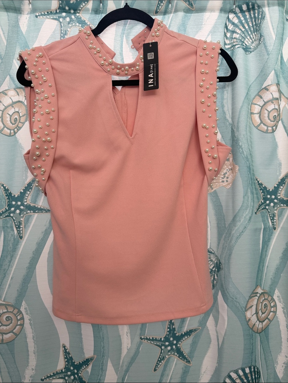 Ina Peach Pearl-Embellished Sleeveless Top
